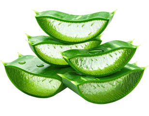 Stacked, freshly cut aloe vera slices showcasing the translucent gel, glossy and bright