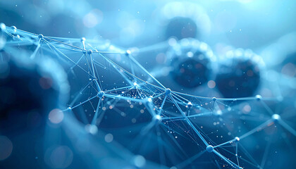 青と白のボケ効果に包まれたネットワーク構造の透明感ある抽象背景
