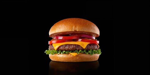 Double smash burger topped with crispy cheddar on a black background, emphasizing fast food preparation and texture, World Food Day