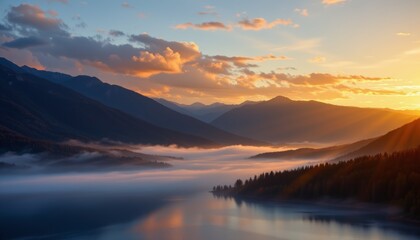 Fototapeta premium Misty Lake at Sunrise in Mountain Landscape