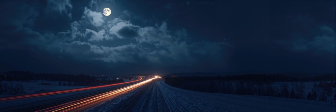 Night sky with clouds and moon above a lit highway, emphasizing nighttime travel conditions