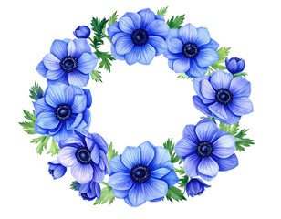 Vivid watercolor wreath of blue anemone flowers and green leaves on black