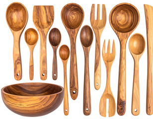 Assortment of wooden kitchen utensils, including spoons, spatulas, and salad servers