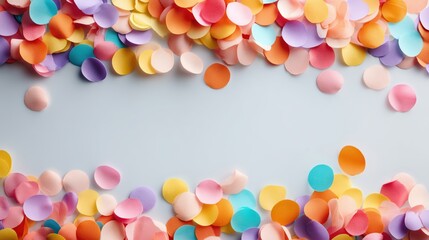 Colorful paper confetti scattered around a white background leaving a blank space empty in the center