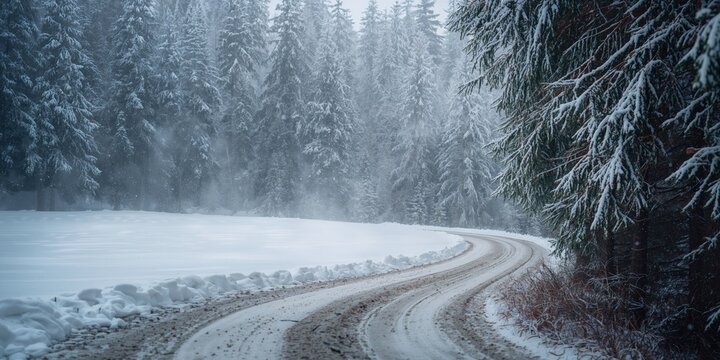 A snow-covered forest road with bare trees, serving as a background for text layout or editorial design, winter season
