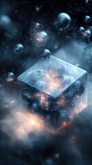 Fototapeta premium A transparent glass cube containing multiple dark, spherical orbs with glowing orange light emanating from within. The cube is suspended in a dark, cosmic nebul
