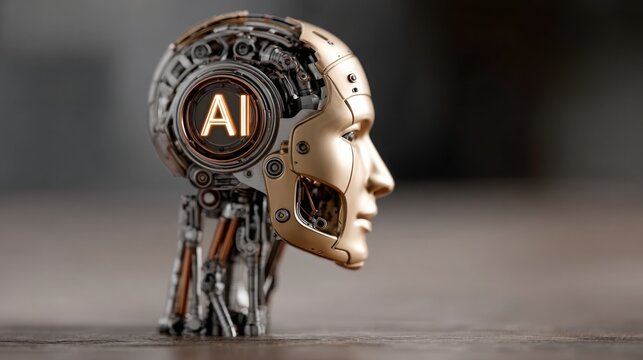 Futuristic robot head with advanced technology and intricate designs symbolizing artificial intelligence and innovation