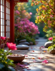 Serene Japanese Garden Path with Flowers