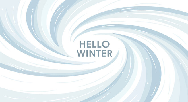 Abstract swirling winter background with gentle snow falling and the text hello winter
