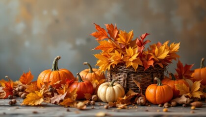 Autumn Harvest Still Life with Pumpkins and Leaves