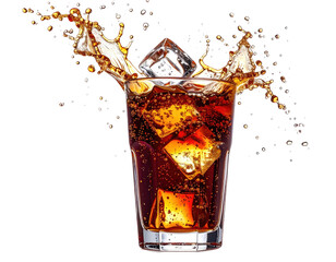 A refreshing beverage with ice cubes, causing a splash. Isolated on black