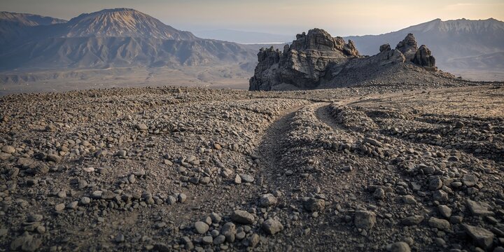 Volcanic landscape of Croscat volcano, Olot, Girona, emphasizing textured natural stone and gravel surfaces, Earth Day