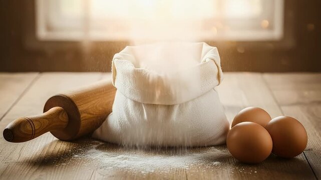 A beautifully composed scene showcasing essential baking ingredients on a rustic wooden tabletop, bathed in warm, natural light filtering from a window. A traditional canvas bag overflowing with prist