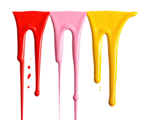 Three vertical streaks of vibrant red, pink, and yellow paint drip downward against black