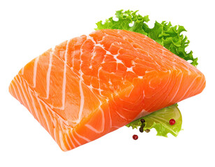 Fresh salmon fillet with lettuce, peppercorns, and a transparent background