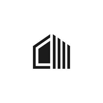 Modern minimalist house logo featuring an abstract geometric shape with vertical lines, symbolizing real estate and architectural concepts