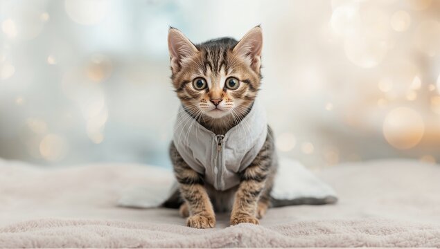 Neutered kitten in protective post-surgery gear, emphasizing animal recovery and care procedures