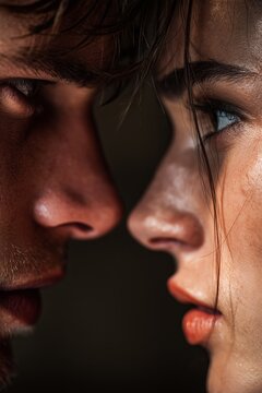 Charged tension close-up, handsome man and beautiful woman, rivals, faces inches apart in a heated moment, intense eye contact