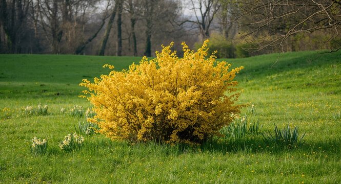 Yellow forsythia bush in bloom, spring floral display for seasonal garden planting