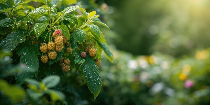 Yellow raspberry bush with ripe berries in a garden, emphasizing natural fruit cultivation