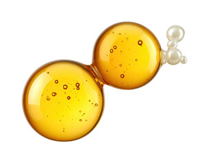 Two golden spheres joined, with smaller pearls, showcasing a fluid and glossy texture