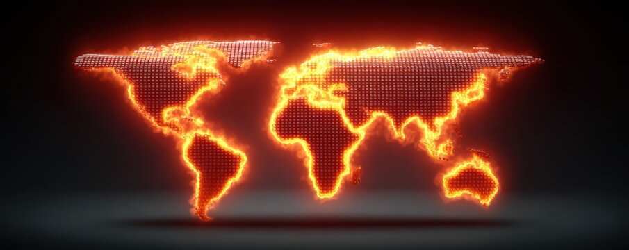 A fiery, digital representation of a world map, showcasing continents illuminated with bright orange and red hues against a dark background.