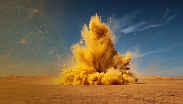 Yellow dust clouds rising in desert during detonation, highlighting environmental impact