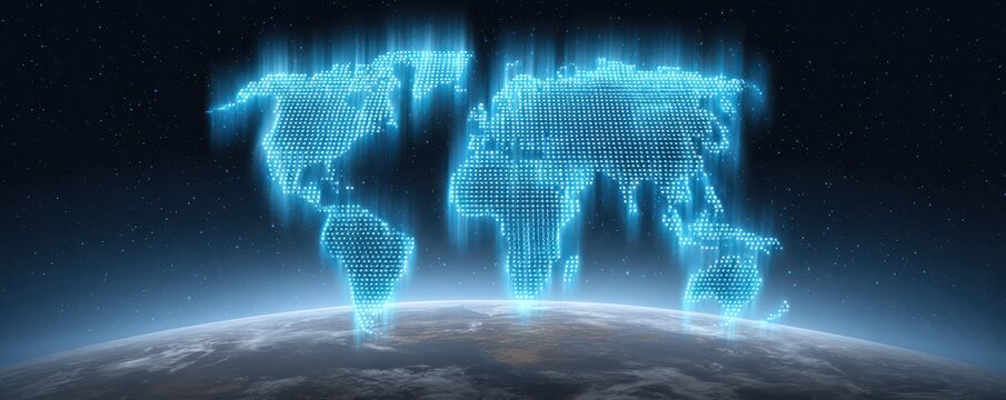 A digital representation of a world map with glowing blue dots, set against a starry background, symbolizing technology and connectivity.
