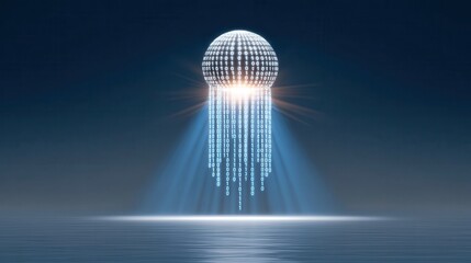 A futuristic jellyfish made of binary code floats above calm waters, illuminated by beams of light against a dark blue background.