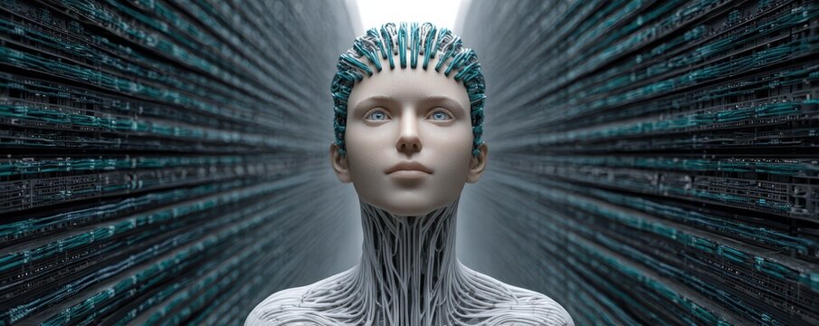 A futuristic humanoid figure with a digital, circuit-like texture, surrounded by a stream of binary code, symbolizing technology and artificial intelligence.