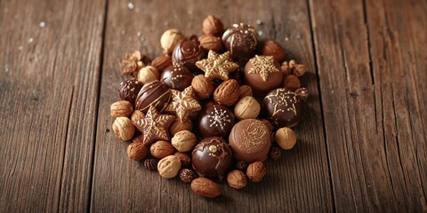 Chocolate and nuts on wood background, emphasizing festive holiday treats and seasonal indulgence