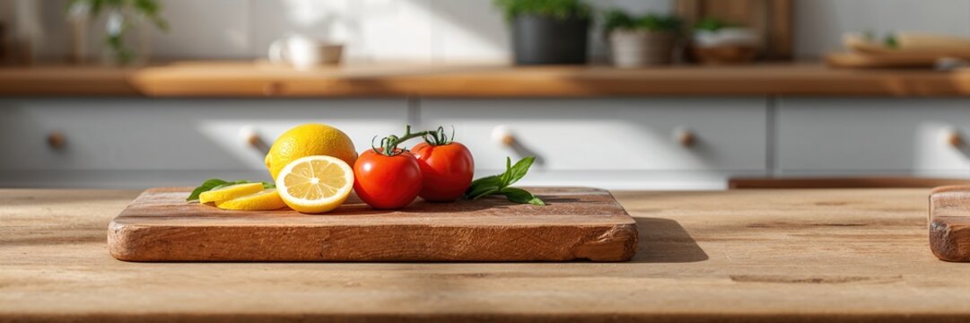 Blank wooden chopping board with space for writing and ingredients like lemon and tomato, suitable for culinary layout or recipe development