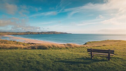 Scenic coastal landscape with lush green grass and blue waters, ideal for background design, summer season