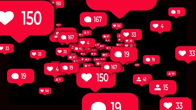 Fly through like, comment, follower counters. Social media space statistics. Parallax tunnel movement SMM data. Digital marketing particle fly-through. Instagram statistics icons swarm toward camera