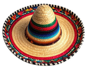 A woven straw sombrero with colorful band & patterned brim, isolated on black