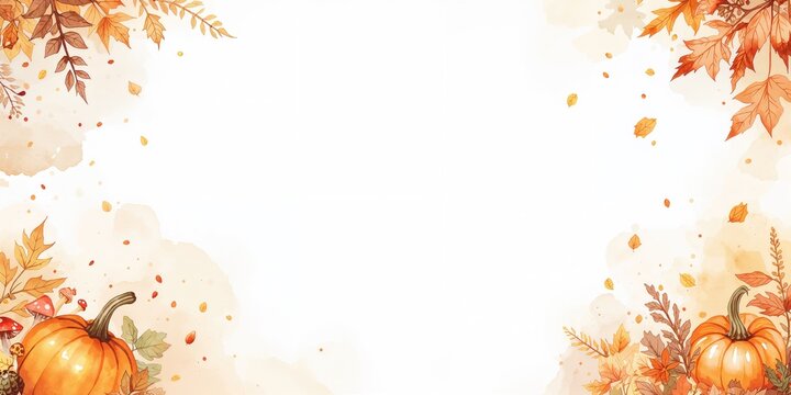 Autumn scene with pumpkin, leaves, and mushrooms used as a Thanksgiving background in watercolor style - Powered by Adobe