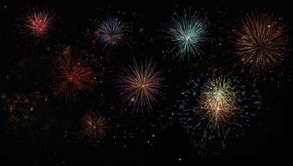 Collection of isolated fireworks on black background used as a dramatic visual element for celebrations