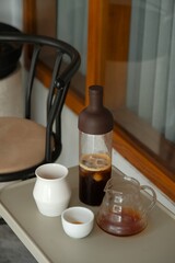 Cold brew coffee in bottle. Coffee time, coffee at home. Menu of beverages. Kopi dingin