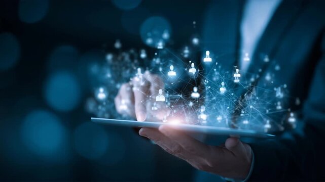 ホログラフで人材ネットワークを操作するビジネスマン