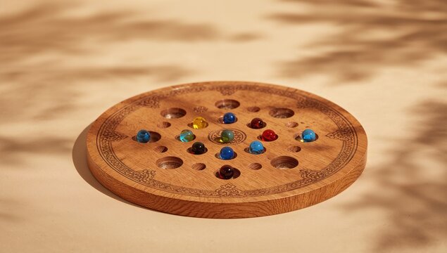 Mangala game board with glass marbles used for traditional Turkish strategy, focusing on gameplay mechanics