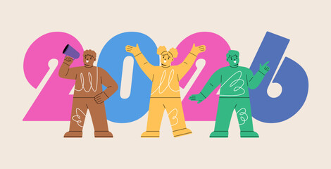 Happy boy and girl near 2026 colourful numbers. Colleagues celebrate new year holidays. Colorful vector illustration