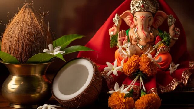 Auspicious Lord Ganesha Idol with Coconut and Mango Leaves for Magh Shukla Chaturthi Celebration, Divine Vinayaka and Lambodara