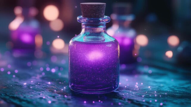 Magical potion glows under a starry night sky in a mystic forest