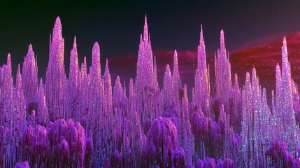 A surreal landscape filled with shimmering purple crystal formations resembling jagged peaks and spires, set against a dark sky with hints of red nebula and glo