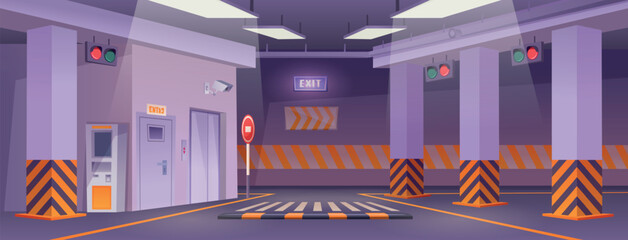 Fototapeta premium Underground parking. Urban garage interior with different specific markers and barriers for cars exact vector cartoon background
