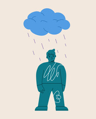 Depressed boy under rainy clouds. Colorful vector illustration