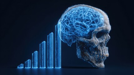Obraz premium Striking ai predictive business performance roadmap illustration featuring a human skull with a bar graph for data insights