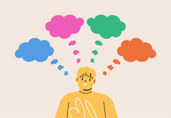 Curious boy having many thoughts being undecided. Colorful vector illustration