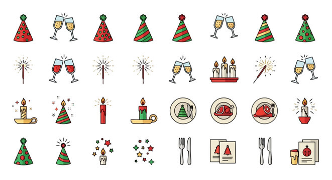 Celebration event items collection, including party hats, champagne glasses, sparklers, candles, and festive dinnerware for joyous occasions and gatherings