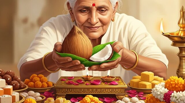 Devotee Offering Coconut and Sweets to Lord Ganesha on Sankashti Chaturthi, a Celebration of Vinayaka and Lambodara
